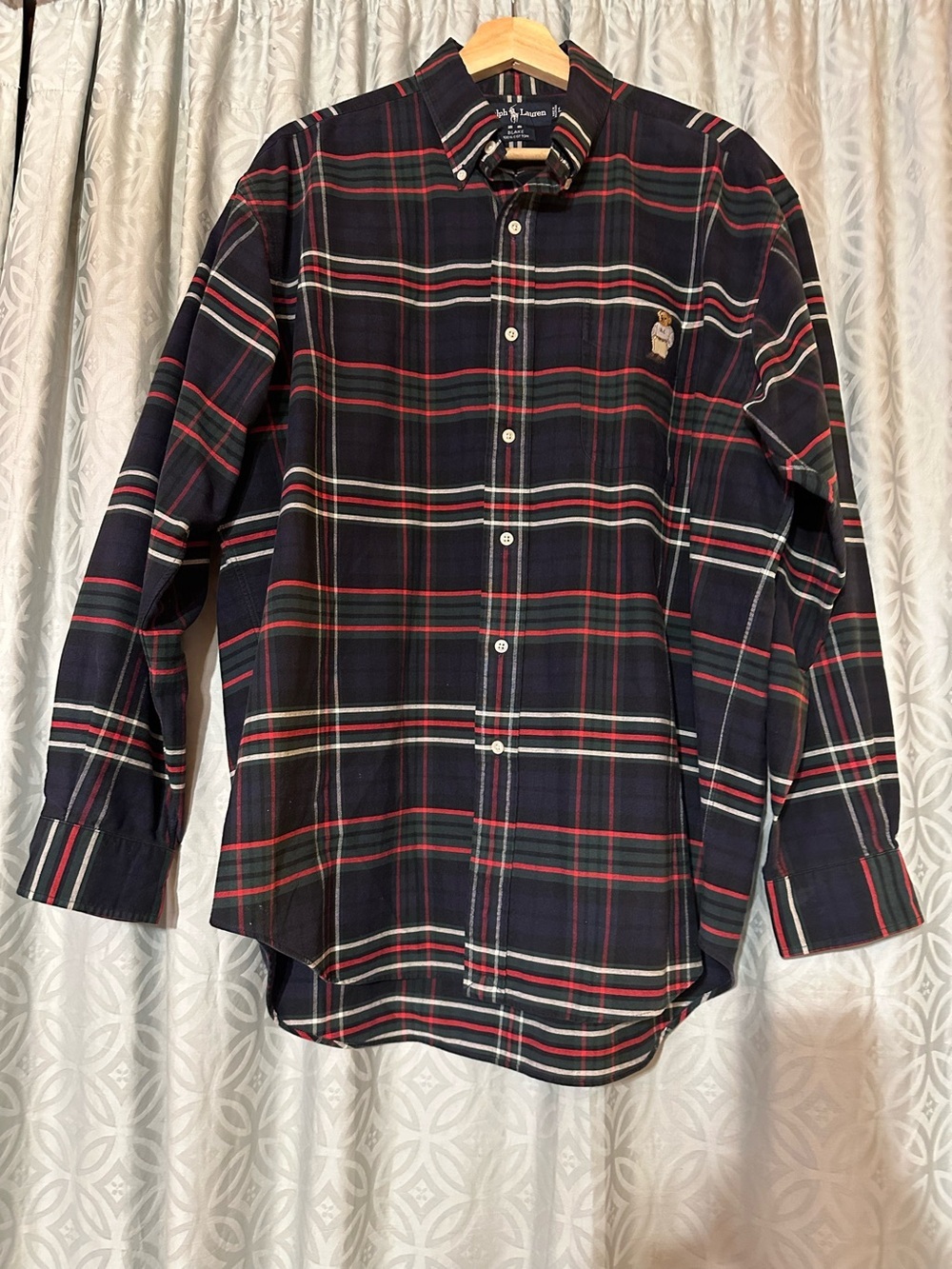 Rare Polo Ralph Lauren Shirt Mens L Blake Blue Green Plaid POLO BEAR Flannel EUC